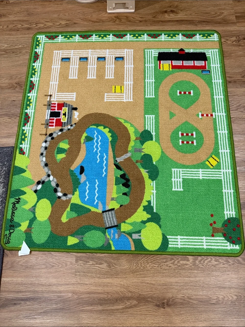 Melissa & Doug Green Train & Road Play Rug with Pond and Tracks